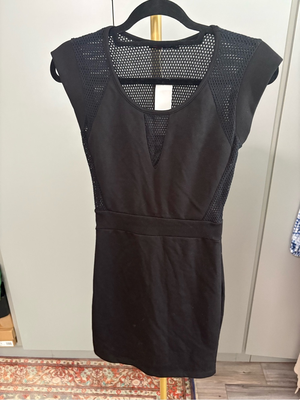 Black Mesh-Inset Cap Sleeve Mini Dress